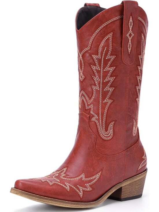 Shoes - Women Red (PU) Pull-on Cowgirl Embroider Chunky Heel Pointed Toe Boot